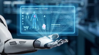 İnsan anatomisi hologramının yüzdüğü bir avuç içi açık robot eli kapat. Robot el, tanı koymak için veriye erişip bağlantı kurarken x ışını hologramını sunuyor. Sağlıklı..