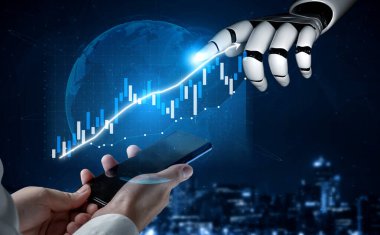 Bir robot el, teknoloji ve ticaretin yakınlaşmasını sembolize eden finansal verileri gösteren akıllı bir telefonla etkileşime girer. Fütüristik sahnede büyüme ve finans alanında yenilik vurgulanıyor. Etki