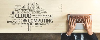 Bir iş adamı, bulut hesaplama, veri analizi ve yenilikçi teknoloji eğilimlerini temsil eden grafiklerle çevrili, modern ofis ortamında bir dizüstü bilgisayar üzerinde çalışır. Tessel