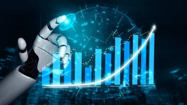 Bir robot el dijital arayüzle etkileşime girer ve grafik ve veri görselleştirmeleri gösterir, büyüme ve teknolojik yenilik kavramlarını gösterir. Etki