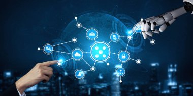 Bir insan eli ve bir robot kolu, bağlı bir dünyada teknolojiyi ve yeniliği sembolize eden dijital bir ikon ağını gösteren geleceksel bir etkileşime girer. Tessel