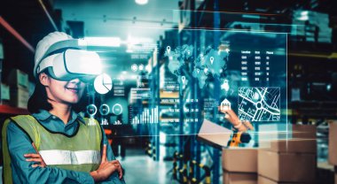 Yenilikçi VR depo yönetimi için gelecekteki sanal gerçeklik teknolojisi. Sanayi devrimi ve otomatikleştirilmiş lojistik denetim için akıllı teknoloji kavramı .