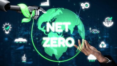 Çevresel denge, dijital sürdürülebilirlik ikonları, yeşil enerji hedefleri ve gelecek için eko-bilinçli dijital iş dönüşümü ile ağ sıfır ve sürdürülebilirlik kavramları. Muxer