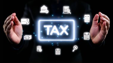 Bu resimde, parlayan vergi sembolleri ve karanlık bir arkaplan üzerine kurulmuş 