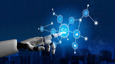 Robot bir el, modern yüksek teknoloji ortamında ileri teknoloji ve bağlantıyı sembolize eden mavi bir dijital arayüze bağlanır. Tessel