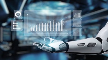 Gösterişli bir robot el ileri dijital grafikler ve grafikler sunarak yüksek teknolojili bir ortamda teknoloji ve veri analizlerinin kesişimini gösteriyor. Auvana