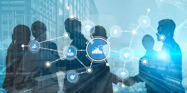 İş ortaklığını gösteren dinamik dijital konsept, siluetlerin el sıkışması ve analizi, büyümeyi ve yeniliği temsil eden bir ikon ağı. Tessel