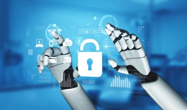 Güvenli dijital ortamlar için gelişmiş siber güvenlik, kimlik doğrulama ve veri koruma analizlerini gösteren yapay zeka güçlü kilit sistemi