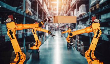 Yenilikçi depo ve fabrika dijital teknolojisi için akıllı robot kol sistemi. İnternet ağına bağlı IOT yazılımı kullanarak endüstri mühendisliği tarafından kontrol edilen otomasyon üretim robotu .