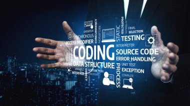 Görselleştirilmiş kodlama terimlerinin önünde ellerini gösteren profesyonel bir kavram. Kentsel ortamlarda teknoloji kavramlarının, programlamanın ve veri yapısının resmedilmesi için gerekli. Tessel
