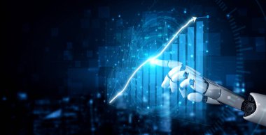 Robotik bir el dijital arayüzle etkileşime girerek veri görselleştirmelerini, grafikleri ve büyüme eğilimlerini modern, yüksek teknoloji ortamında vurguluyor. Etki