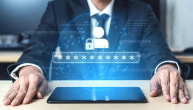 Güvenli giriş, gizlilik koruması, veri koruması, erişim kontrolü ve dijital kimlik doğrulama kesesini gösteren kullanıcı kimlik denetimi ve parola koruma kavramı