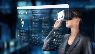 Sanal gerçeklik kulaklığı kullanan profesyonel bir kadın yenilikçi HR teknolojisini araştırıyor ve etkili insan kaynakları yönetimi için zekice çözümler sunuyor. XDMCP