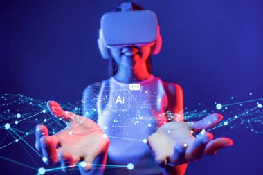 Yapay zeka sanal asistanı Chatbot ile yapay zeka konsepti ile insan etkileşimi, yapay zeka mühendisliği, LLM yapay zeka derin öğrenimi iş desteği için üretken yapay zeka kullanımı. FaaS