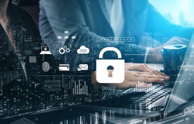 Çevrimiçi erişim için dijital siber güvenlik şifreleme, siber şifre koruması, parmak izi kimliği, bulut depolama güvenliği ve siber güvenlik sistemi