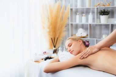 Kafkasyalı kadın müşteri stres önleyici spa masajının keyfini çıkarıyor ve lüks otel ya da oteldeki gündüz açık ortam güzellik salonunda güzellik teniyle eğleniyor. Sessiz.