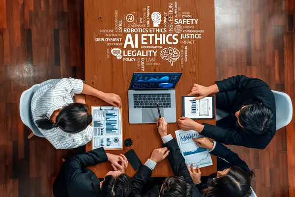 Yapay zeka, işbirliği tartışmaları, çizelgeler ve yapay zeka ile ilgili veri analizleri üzerine kurulu profesyonel bir iş toplantısına tepeden tırnağa bir bakış açısı. Dostluk