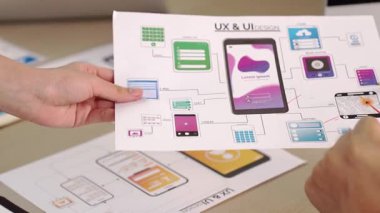 Mobil uygulama için kullanıcı arayüzü prototipini ofis çalışanlarına sunan harika bir şirket çalışanı. UX UI tasarımcısı iş arkadaşına kağıt üzerinde tasarım hakkında övgüde bulundu. Sinerjik