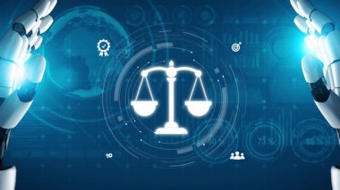 Adalet ölçeğini gösteren fütürist dijital hukuk arayüzü, dijital hukukun altını çizen, AI uyumu, dijital hukuk sistemleri ve güvenli yönetim için dijital hukuk düzenlemeleri. Muxer