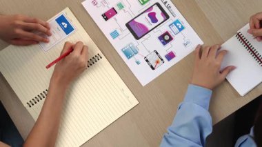 Mobil uygulama ya da web sitesi için kullanıcı arayüzü prototipi planlayan şirket çalışanlarının en iyi görünüm videosu. UX UI tasarımcı beyin fırtınası kullanıcı dostu arayüz planı. Sinerjik