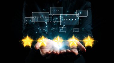 Bir çift el, yüzen konuşma baloncukları arasında parlayan yıldızları beşikte tutarak müşteri geribildiriminin önemini ve iş büyümesi ve hizmet geliştirmesindeki değerlendirmeleri gözler önüne seriyor. Dörtgen