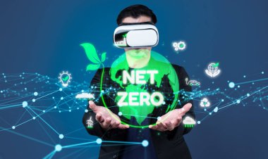 Sürdürülebilirlik simgeleriyle çevrili dijital küre, karbon emisyonlarını azaltma ve çevresel dengeyi sağlama amacını temsil etmektedir