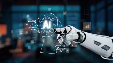 Robotik bir el sanal yapay zeka sembolleriyle etkileşime girer, ileri teknoloji ve yenilikçi tasarımı dinamik dijital çalışma ortamında gösterir. Auvana
