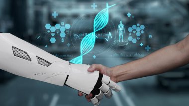 Robot eli kapat ve insan eli DNA hologramıyla tokalaş. Yapay zeka ve insan birlikte çalışıyor ya da DNA hologramıyla anlaşmalar yapıyor. Bulanık laboratuvarda yüzüyor. Takım çalışması. Sağlıklı..