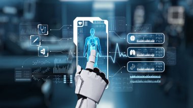 İnsan anatomisine tıklayarak tıbbi verilere ya da teşhislere ulaşın. Semptomu analiz ederken X ışını hologramında robot el kontrolü. Sağlıklı..