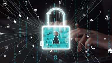 Bu resim, modern bir ortamda siber koruma, güvenlik ve bilgi güvenliğini temsil eden, veri akışı olan bir kilit sembolü içeren dijital güvenlik kavramını gösteriyor. Xenic