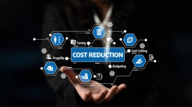 Bu resim, çeşitli iş simgelerinin yer aldığı maliyet azaltma stratejilerini, bütçe azaltma tekniklerini, tasarruf olanaklarını ve genel mali yönetimi ön plana çıkarmaktadır. Tessel