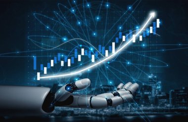 Artan bir grafikle gösterilen veri eğilimlerini analiz eden bir robot el ortaya çıkıyor. İmaj yeniliği ve gelecekteki teknolojiyi somutlaştırıyor. Etki