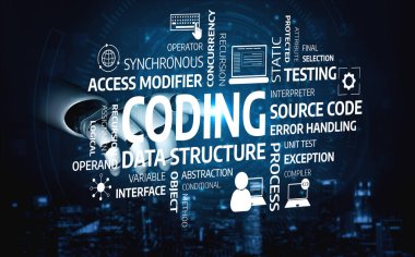 Bu soyut resim anahtar kodlama kavramlarını ve programlama terminolojisini çeşitli ortamlarda teknolojik ve eğitimsel kullanım için mükemmel bir dijital arkaplan karşısında sergiliyor. Tessel