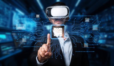 Bir kullanıcı, gelecekteki teknoloji eğilimlerini sembolize ederek gelişmiş yapay zeka ve dijital veri akışını vurgulayan bir sanal gerçeklik düzeneği ile etkileşime girer. XDMCP