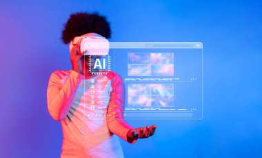 Genç bir insan, üretken yapay zekanın yenilikçi dünyasına dalan sanal gerçeklik kulaklığıyla meşgul olur. Enerjik atmosfer, teknolojik keşiflerin deneyimini geliştiriyor. XDMCP