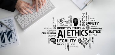 Bu resim, yapay zeka etiği, yönetim ve toplumsal etkinin çeşitli yönlerini göstererek, teknoloji ve etik alanlarındaki tartışmalar için anahtar terim ve kavramları vurgular. Tessel