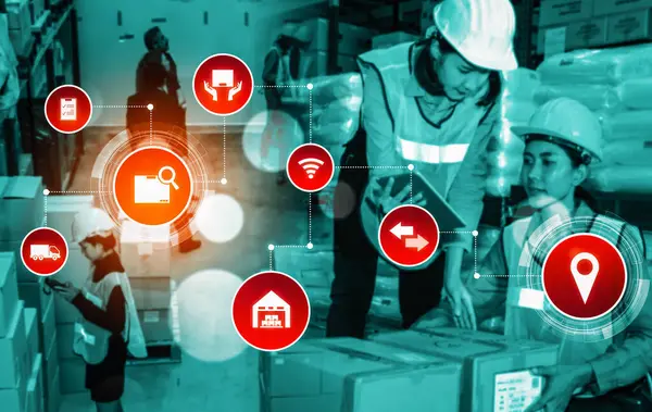 Paket toplama ve teslimatı tanımlamak için teknolojinin yenilikçi interneti olan akıllı depo yönetim sistemi. Gelecekteki tedarik zinciri ve lojistik ağ işi kavramı .