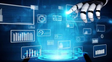 Pürüzsüz bir robot el, parlak mavi bir ortamda çeşitli veri görselleştirmeleri ve ölçümlerini gösteren fütüristik bir teknoloji arayüzü ile etkileşir. Xenic