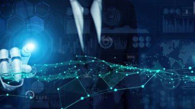 Bir işadamı dijital teknolojiyle etkileşime girer, çeşitli grafik ve grafikler sergiler, modern iş ortamlarında veri analizine yenilikçi yaklaşımı sembolize eder. Xenic