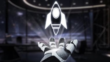Modern bir çalışma alanında robotik bir el ortaya çıkar, bir roket fırlatılışının simgelerini yansıtarak, yeniliği, teknolojiyi ve iş geliştirme ve stratejinin geleceğini sembolize eder. Auvana