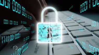 Bir klavyede dijital kilit ikonu ve veri grafikleri olan bir elin yakın plan görüntüsü, teknolojik manzaradaki siber güvenlik ve veri korumasını temsil ediyor. Xenic