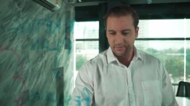 Akıllı iş adamı cam tahtanın önünde bir proje başlatmayı düşünüyor. Gülümseyen erkek proje yöneticisi yaratıcılık pazarlama stratejisini gösteren renkli yapışkan notlara bakıyor. Yönlendirici.