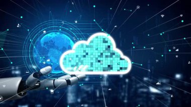 Fütürist bir robot el dijital veri akışları arasında biçimlendirilmiş bir bulut sembolü sunar. Görüntü teknolojideki yeniliği temsil ediyor, bulut hesaplamasını ve otomasyonu vurguluyor. Xenic