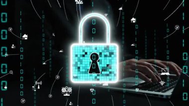 Bu görüntü siber güvenliği sembolize eden dijital bir asma kilidi gösteriyor, veri akışı elemanları teknoloji ortamında gizlilik ve korumanın önemini temsil ediyor. Xenic
