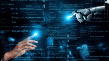 Bir insan elinin büyüleyici görüntüsü ve dijital bir arka planda birbirine uzanan robot bir el yapay zeka ve insanlık arasındaki etkileşimi gösteriyor. Xenic