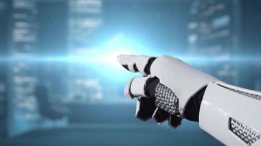 Robotik bir el, dijital elementler ve yüksek teknolojili ambiyansla dolu lüks ve modern bir çalışma alanında sürekli ulaşılabilirliği sembolize eden 24 saatlik parlak bir saate işaret eder. Auvana