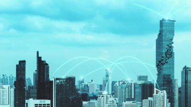 Şehir üzerinde bağlantı ağı karşılıklılığına sahip akıllı dijital şehir. Şehirdeki insanları birbirine bağlayan gelecek akıllı kablosuz dijital şehir ve sosyal medya ağı kavramı .