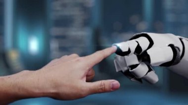 Bir insan eli modern ofis ortamında robot bir kola uzanır, insanlar ve teknoloji arasındaki işbirliğini simgeler, büyümeyi ve ilerlemeyi gösteren görselleştirmeler ile. Auvana