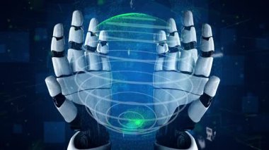 Robot ellerin nazikçe Dünya 'nın dijital temsilini tuttuğu fütüristik bir sahne. Görüntü, teknoloji odaklı bir dünyada yenilik ve sürdürülebilirliği simgeliyor. Xenic