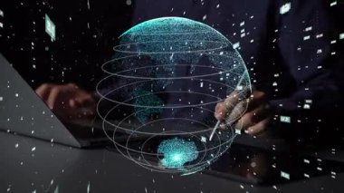 Dünya 'nın bu büyüleyici dijital tasviri, modern gelişmeleri ve analitiği sembolize eden veri çizgilerini gösteren teknoloji ve küresel bağlantının kesişimini gösteriyor. Xenic